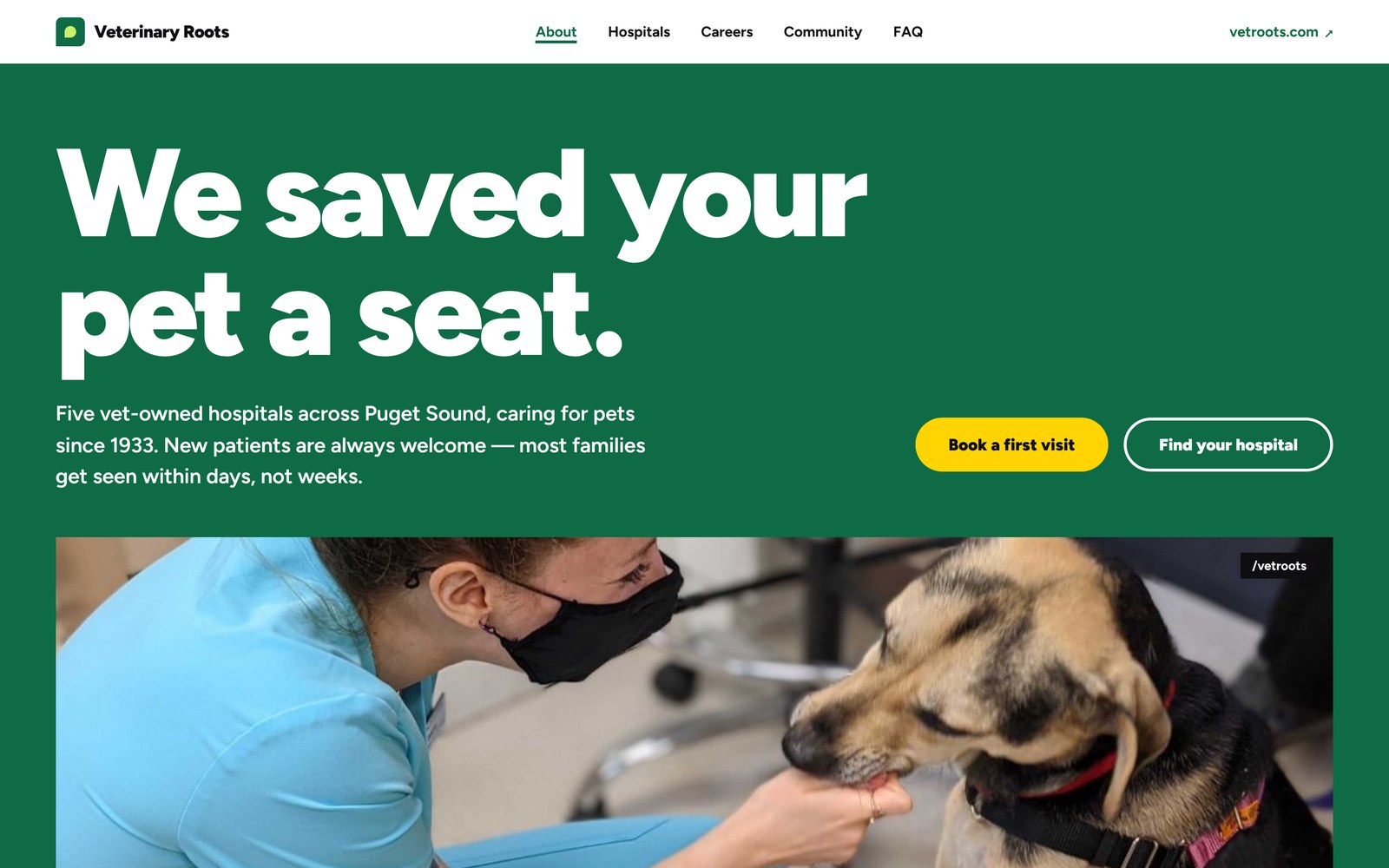Working redesign of the Veterinary Roots home page